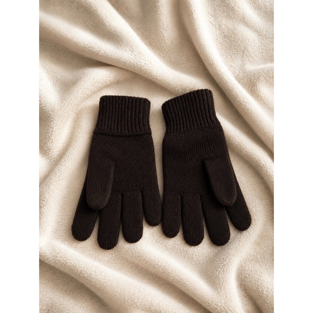 Brown Knit Winter Gloves Ribbed Cuff One Size
